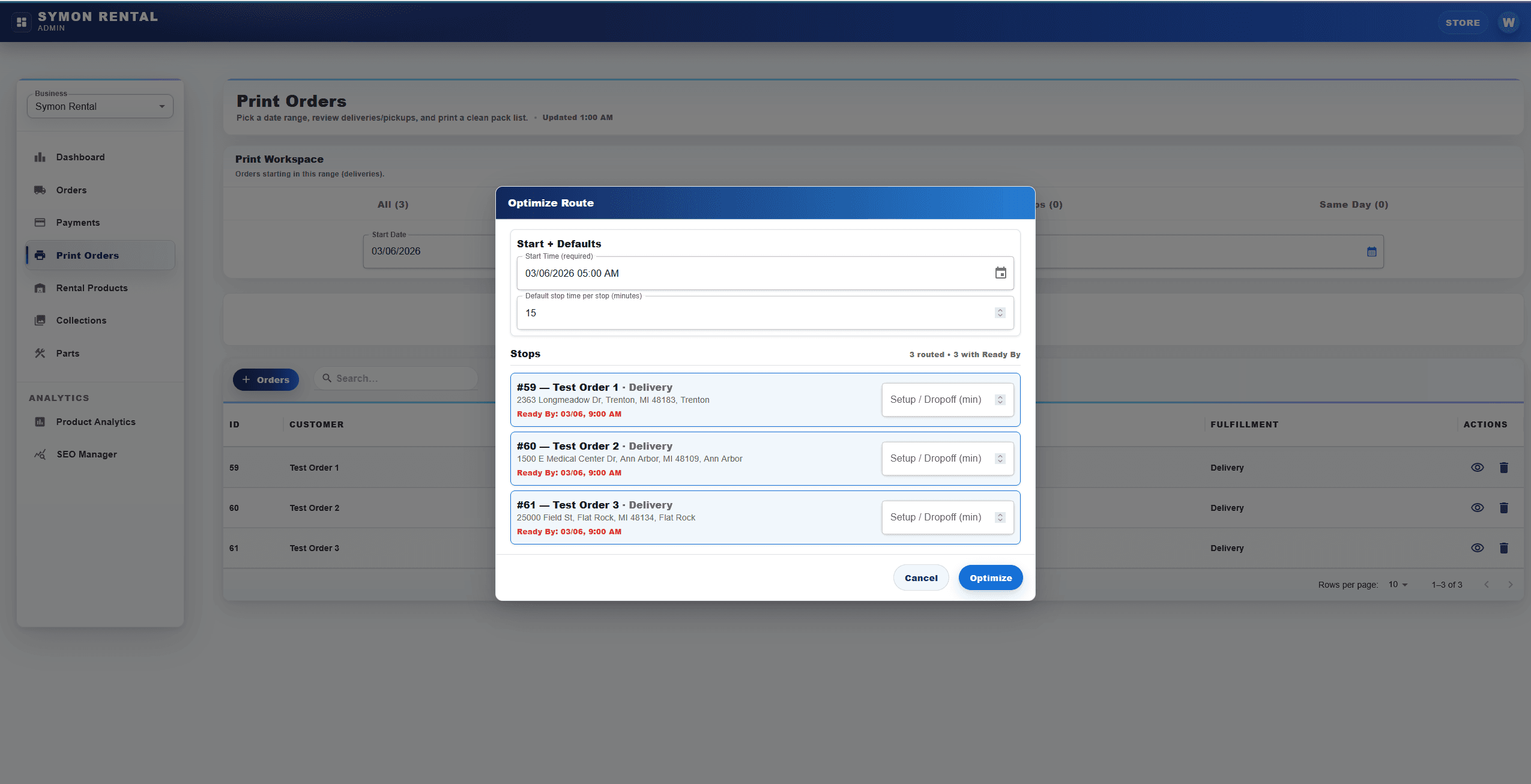 Symon Rental admin - route optimization dialog and stops