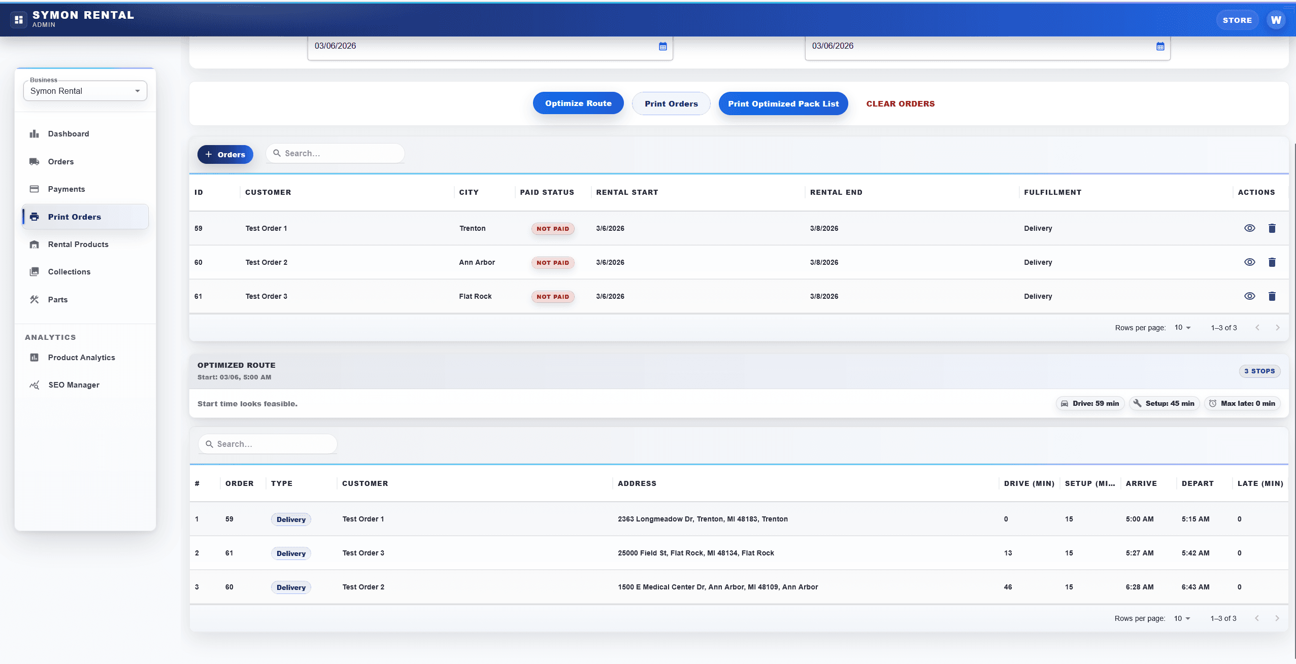 Symon Rental admin - optimized route table
