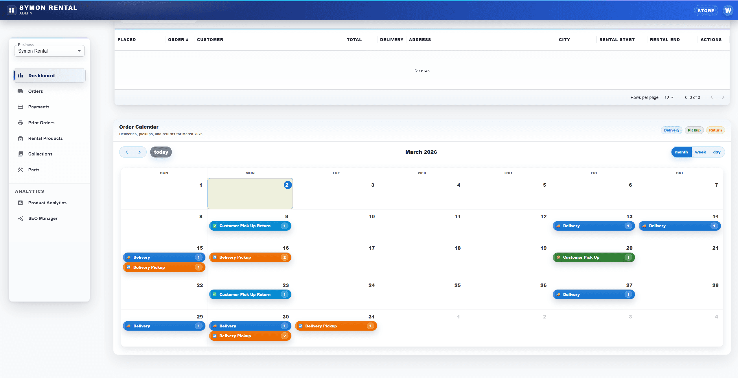 Symon Rental admin - calendar module