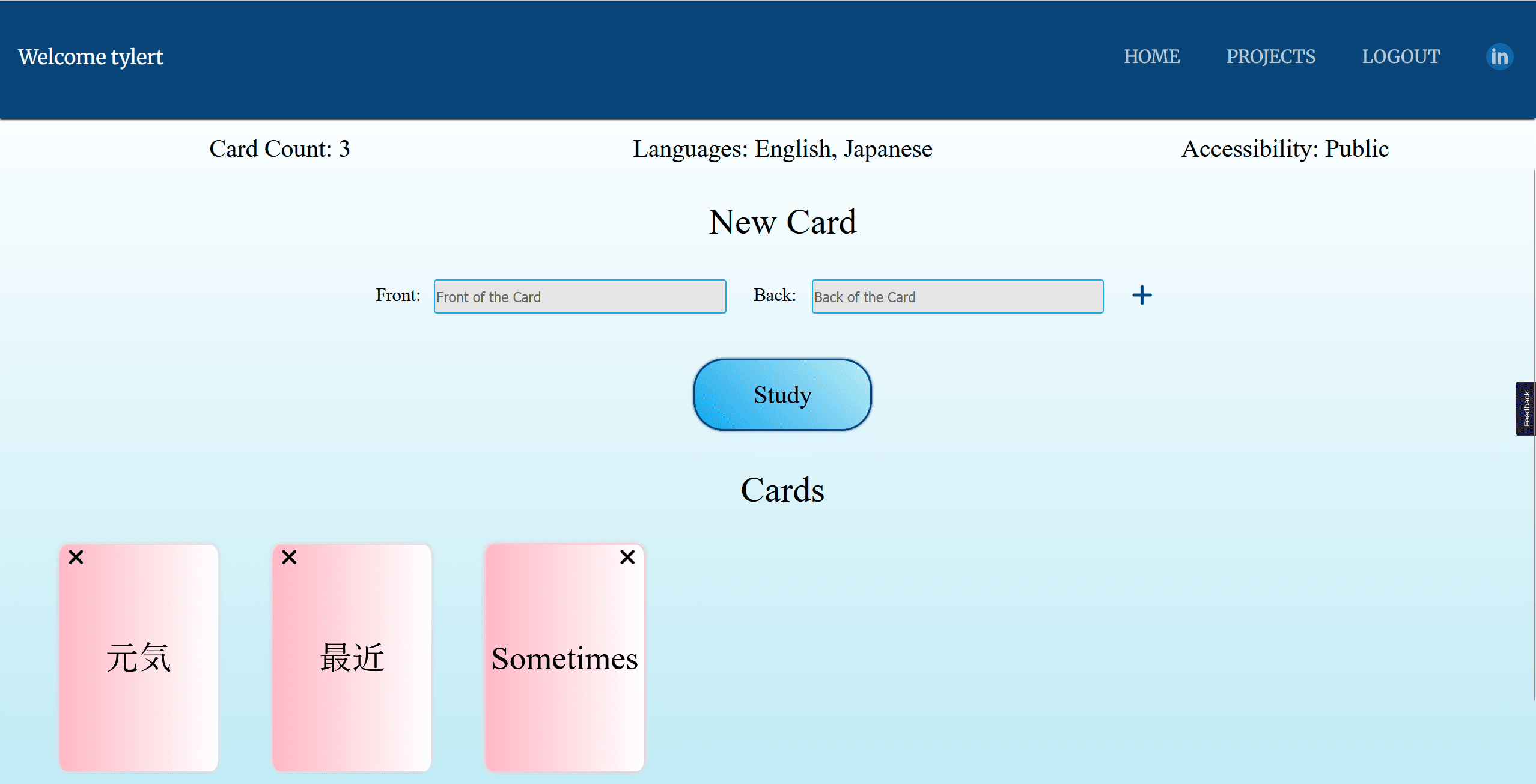 Flashcards study and card list screen